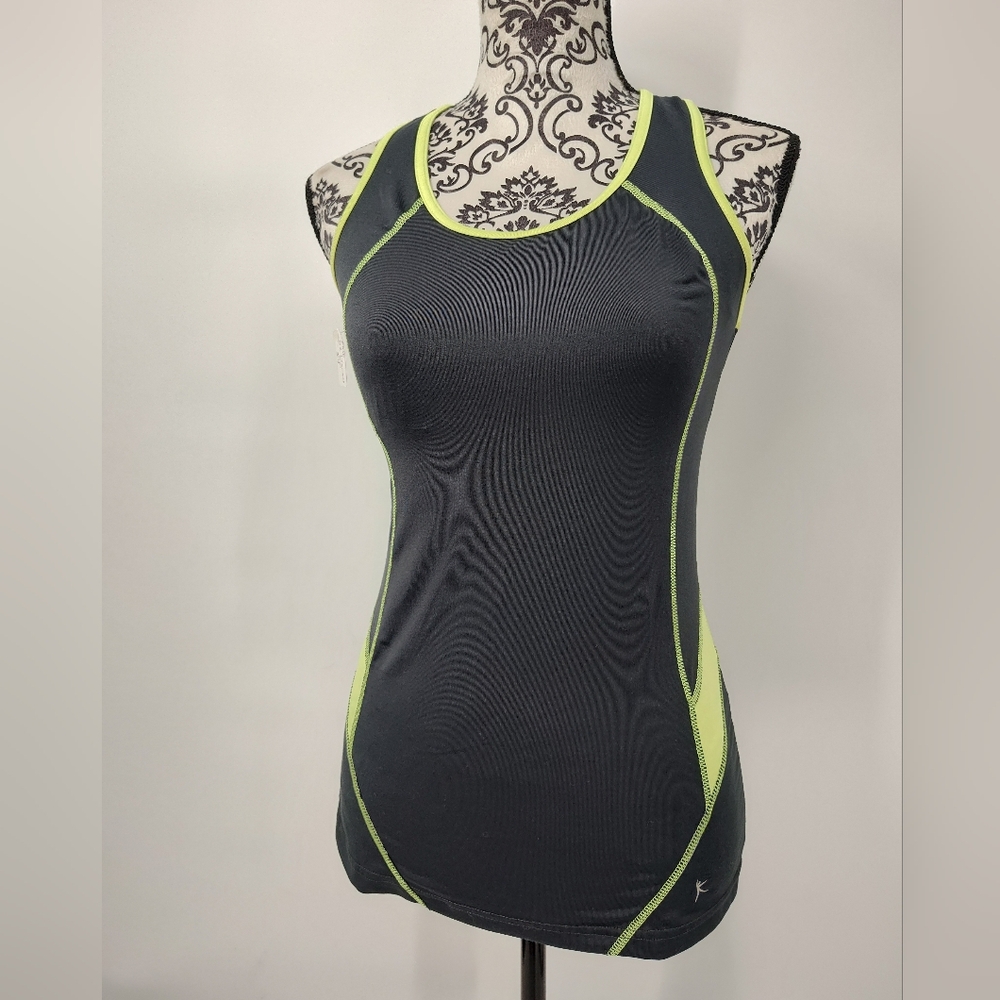 Danskin Now Dark Gray and Neon Yellow Racer Back Tank Top Women's Small